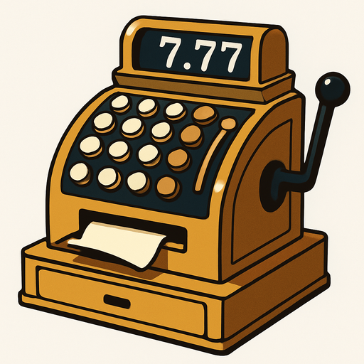An old style cash register. The numeric read out says 7.77. Anime style..
In-Game asset.  2d.  High contrast.  No shadows