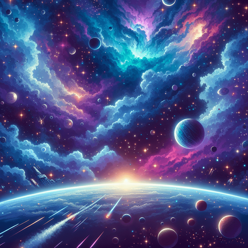 A vibrant and dynamic 2D space background for a top-down space shooter game. The scene features a deep, dark space filled with glowing nebulae in shades of blue and purple, scattered distant stars, and swirling cosmic dust. A subtle parallax effect is suggested with faintly glowing planets and asteroids in the background. The atmosphere is slightly mysterious and futuristic, with soft light gradients to create depth. The overall tone is immersive but does not distract from gameplay, ensuring clear visibility of player and enemy ships..
Single Game Texture.  Blank background.  High contrast.  No shadows