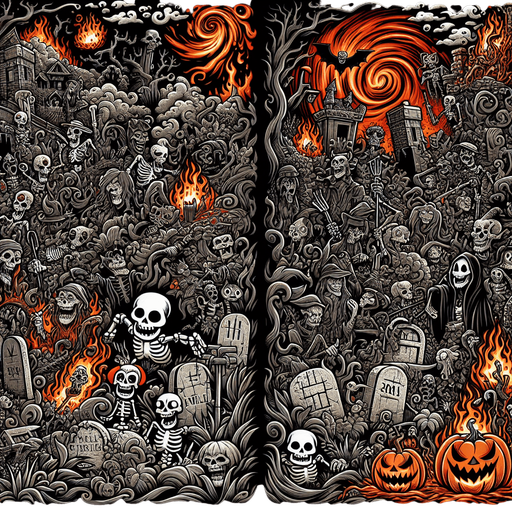 Generate a high quality cartoon background Halloween image on a black canvas similar to the format of where is waldo with a hellish environment.
Single Game Texture. In-Game asset. 2d. Blank background. High contrast. No shadows.