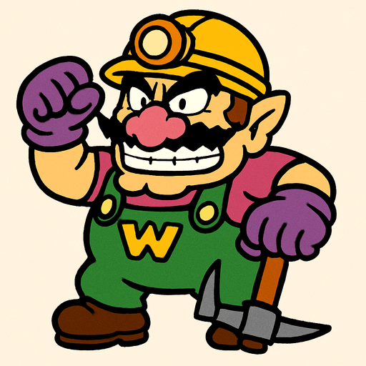 Super Mario'daki Wario karakteri ama madenci kılığında.
In-Game asset.  2d.  High contrast.  No shadows