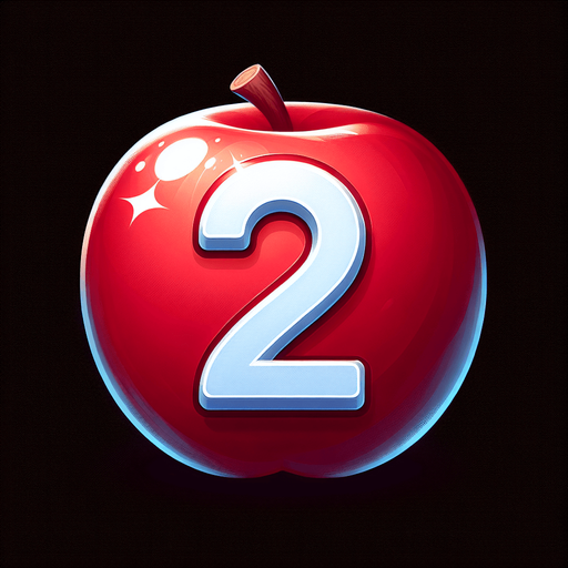 a white " 2" on a  red apple..
Single Game Texture. In-Game asset. 2d. Blank background. High contrast. No shadows.