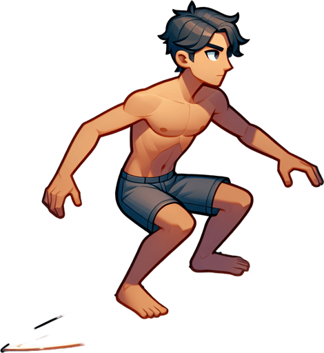 A surfer standing and riding on a surfboard. Side profile. Cartoon. Full body. 
Single Game Texture.  In-Game asset.  2d.  Blank background.  High contrast.  No shadows