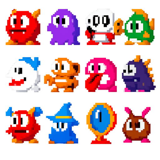 A spritesheet of enemies from the retro arcade pixel game Bubble Bobble.
In-Game asset.  2d.  High contrast.  No shadows
