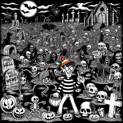 Generate a high quality cartoon background Halloween image on a black canvas similar to the format of where is waldo with a hellish environment.
Single Game Texture. In-Game asset. 2d. Blank background. High contrast. No shadows.