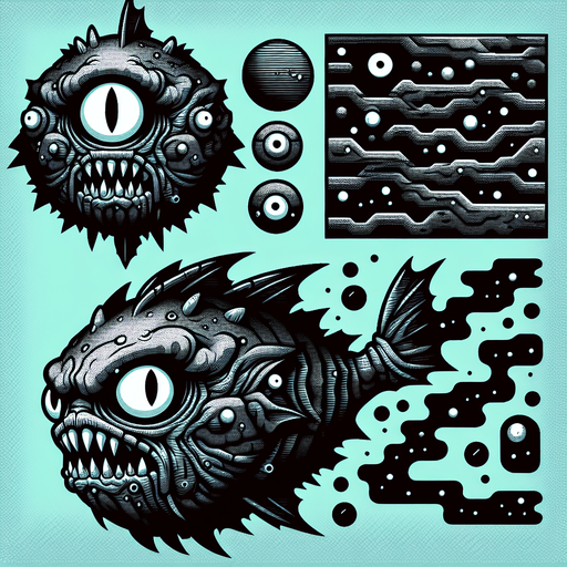 kötü balık.
Single Game Texture.  In-Game asset.  2d.  Blank background.  High contrast.  No shadows