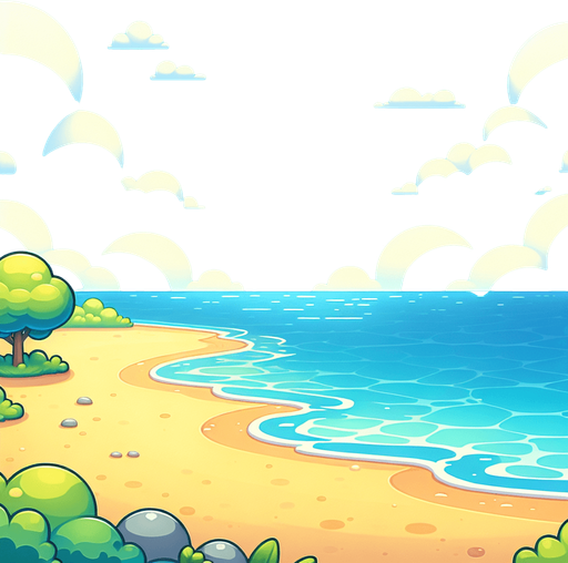 "A bright, cartoon-style beachside sky with soft white clouds, a clear blue ocean, and a sandy shore in the background. The colors should be vibrant and cheerful, with a summer vibe.".
Single Game Texture.  In-Game asset.  2d.  Blank background.  High contrast.  No shadows