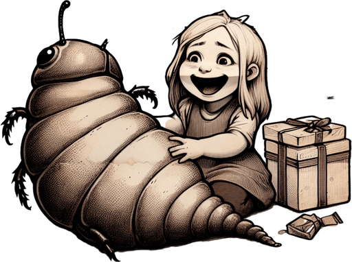 a pergament of a happy girl. she got a big fat slimy bug as chrismas present. There is the text: "If you find a bug, you cam write me a message on Discord FRVR. - Sasbe"