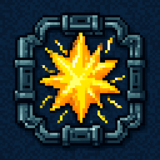 top down pixel art, energy crystal, yellow, spiky, charged, held on all sides by sci fi metal clamps
In-Game asset.  2d.  High contrast.  No shadows
