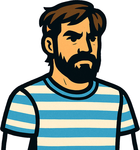 Un tipo con barba y pelo mediano que tenga una camiseta con rayas blancas y celestes.
In-Game asset.  High contrast.  No shadows. 2d