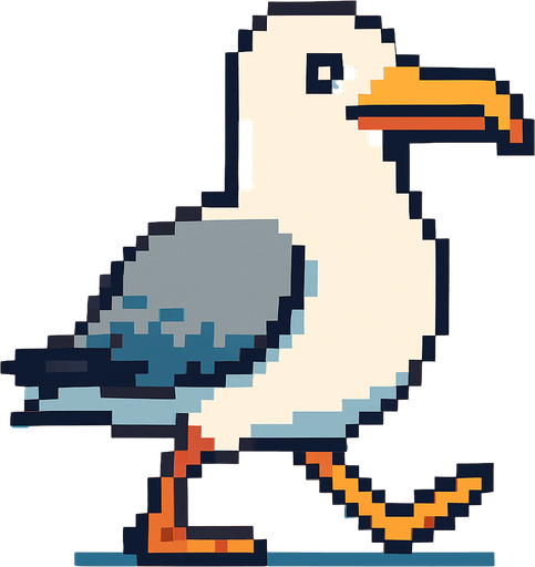 very big seagull looking to the right, pixelart, walking.
In-Game asset.  2d.  High contrast.  No shadows