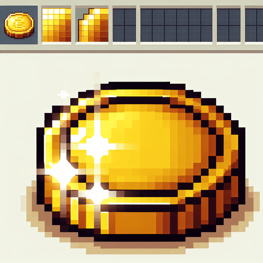 gold coin 2d pixel.
Single Game Texture. In-Game asset. 2d. Blank background. High contrast. No shadows.