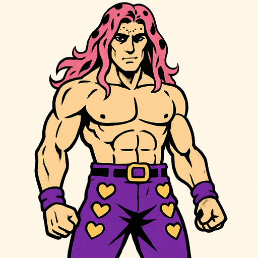 Un hombre con pelo largo color rosado con manchas negras y sin camisa con pantalón morado jojo's.
In-Game asset.  2d.  High contrast.  No shadows