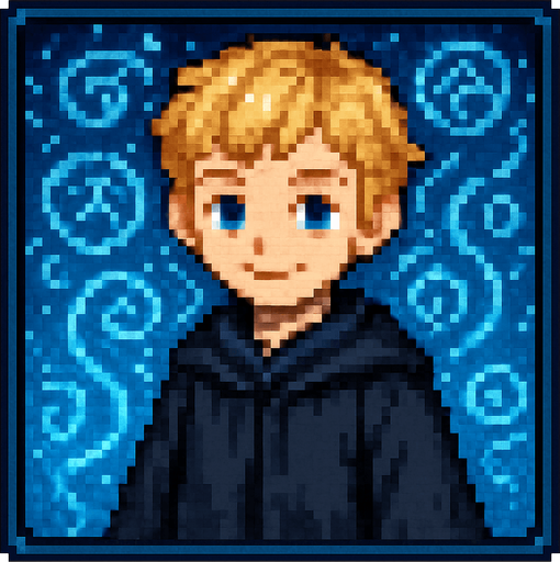 "2D pixel art of a young male wizard child with short, wavy blonde hair and bright blue eyes, wearing a long, flowing black robe. He is facing forward, smiling, looking directly at the viewer with a calm, focused expression. The character is framed inside a square border, like a portrait or selection window in a fantasy RPG. The background inside the square is filled with glowing blue magical symbols, glyphs, and swirling arcane energy to create a mystical atmosphere. The pixel art style is classic 16-bit fantasy RPG, with detailed shading and rich colors. The area outside the square frame is transparent.".
In-Game asset.  2d.  High contrast.  No shadows