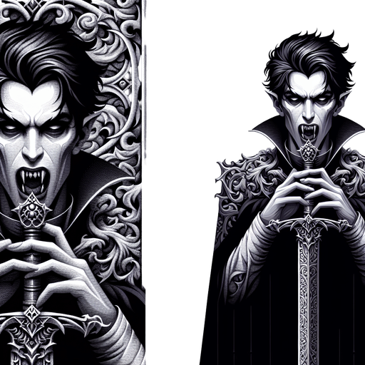 A drakula kept an sword.
Single Game Texture. In-Game asset. 2d. Blank background. High contrast. No shadows.