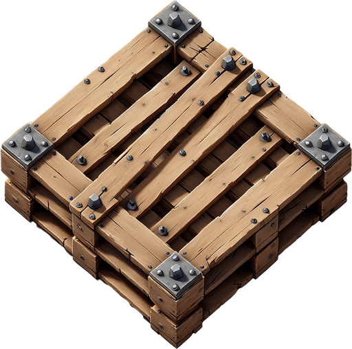 straigth zenith view square wooden pallet with big screws in each corner
Single Game Texture. In-Game asset. 2d. Blank background. High contrast. No shadows.