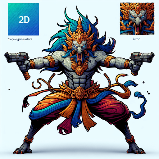 2d animation garuda man play shoot 2 gun 2 direction left and right.
Single Game Texture.  In-Game asset.  2d.  Blank background.  High contrast.  No shadows