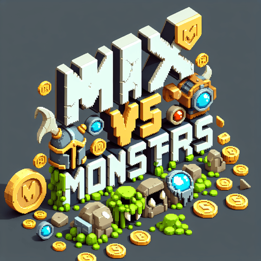 The words ‘Max vs Monsters’ in a pixel font. Max big on top, vs little in the middle, Monsters big on the bottom. Slime dripping from the bottom of monsters. The word Max is made out of armor and has gold coins and jewels around it. 
Single Game Texture.  In-Game asset.  2d.  Blank background.  High contrast.  No shadows