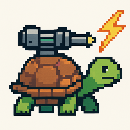 a turtle with a lightning bolt gun on her shell, pixelart.
In-Game asset.  2d.  High contrast.  No shadows