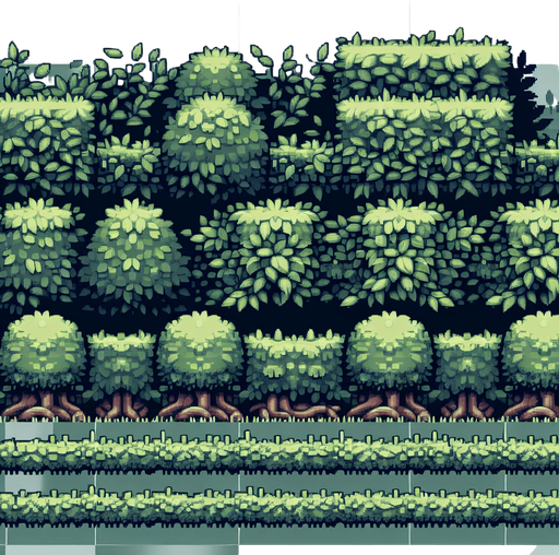 A spritesheet in sideperspective showing various low dull green hedges and bushy foliage for a platformer game. semi detailed game illustration style. medieval. muted colors..
Single Game Texture. In-Game asset. 2d. Blank background. High contrast. No shadows.