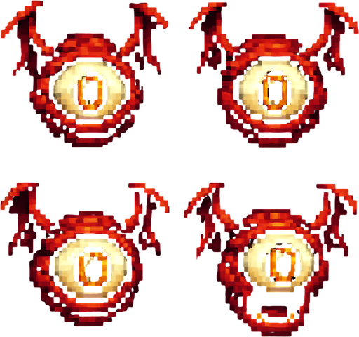 Generate a sprite sheet for a floating demon eye. Front side view. Include one attack sprite with mouth open. Retro pixel graphics..
In-Game asset.  2d.  High contrast.  No shadows