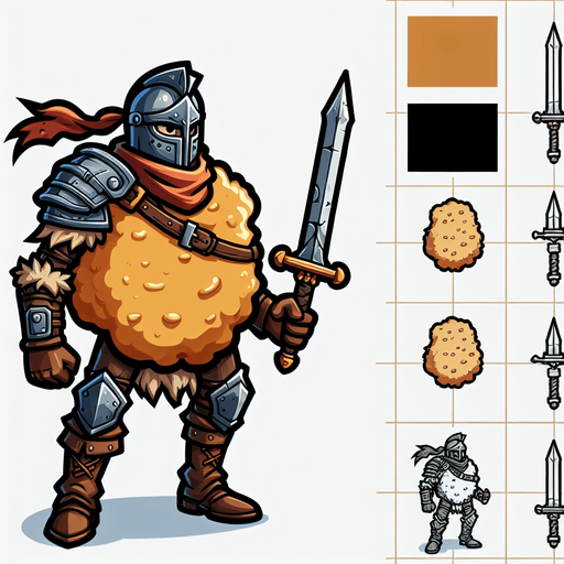 a chicken nugget warrior.
Single Game Texture. In-Game asset. 2d. Blank background. High contrast. No shadows.