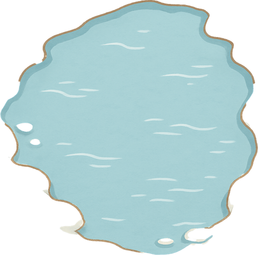 A simple top-down 2D illustration of a calm arctic lake. The scene shows the edge of the water, with a soft, snowy shoreline framing the top and one side of the image. The lake itself is a calm, light blue, with subtle light reflections on the surface to suggest water. The art style is soft and clean, like a children's book illustration..
In-Game asset.  2d.  High contrast.  No shadows