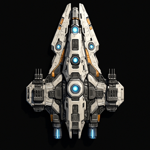 Uzay temalı Savaş Gemisi, gerçekçi, yazısız üstten görünüm. 
In-Game asset.  High contrast.  No shadows