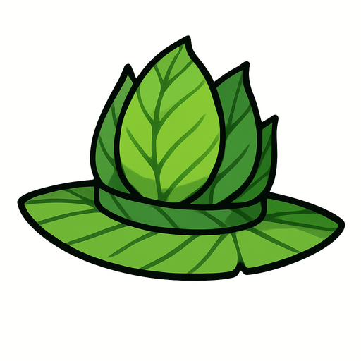 sombrero de hojas de color verde 2d.
In-Game asset.  2d.  High contrast.  No shadows