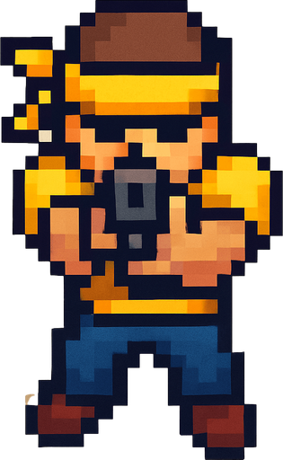 pandillero de amarillo hecho con pixeles con perspectiva desde arriba visto de frente apuntando hacia enfrente con un arma
In-Game asset.  2d.  High contrast.  No shadows