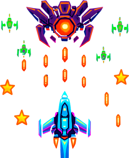 The image showcases a space-themed scene, reminiscent of a classic arcade shooter game. At the center, a sleek, futuristic spaceship is flying towards a large, menacing enemy craft positioned at the top of the image. The enemy ship has a glowing orange core and is surrounded by sharp, angular details.

In the background, a cosmic space environment with a blend of dark purples and blues sets the tone. Several smaller enemy ships, colored green, are positioned in a formation, actively shooting orange projectiles toward the player’s ship. There are also star-shaped icons scattered across the scene, possibly representing power-ups or achievements. The overall aesthetic combines sharp, vibrant neon colors with a retro-futuristic design, giving it a sense of high-energy action..
In-Game asset.  2d.  High contrast.  No shadows. Space Shooter  Arcade Game  Futuristic Spaceships  Retro Gaming  Space Battle  Sci-Fi Art  Video Game Art  Pixel Art Style