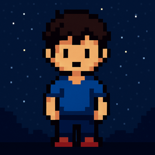 Niño pero de noche pixelart.
In-Game asset.  2d.  High contrast.  No shadows