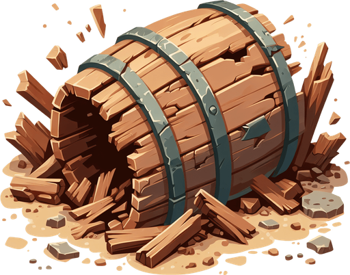 western destroyed barrel.
Single Game Texture. In-Game asset. 2d. Blank background. High contrast. No shadows.