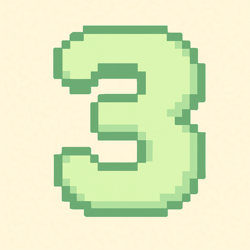A pixel art number "3" designed for a cozy, cute retro 2D game UI with a bird theme. The number is rendered in soft pastel light green tones to harmonize with the gentle and sweet aesthetic of the game. It has a clean, simple, and rounded pixel style with no harsh edges, fitting perfectly within the pixel art UI style. The number is bold and easily readable at small sizes..
In-Game asset.  2d.  High contrast.  No shadows. pixel art. retro. 2d ui. number. pastel light green. simple. rounded edges. bold. cute. minimal
