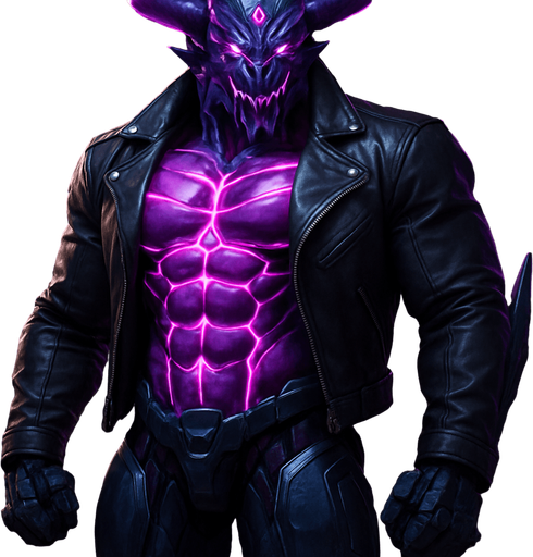 Black leather biker jacket longsleeves bare segmented neon cyberpunk pecs abs muscles robot monster hunk