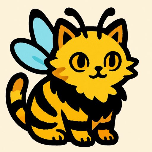 Chat (animal) a la fourrure couleur abeille et avec des ailes.
In-Game asset.  2d.  High contrast.  No shadows