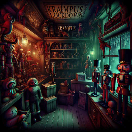 Eerie Christmas-inspired toy shop The only text on screen should be the title "Krampus Lockdown" centered on the image..
Single Game Texture. In-Game asset. 2d. Blank background. High contrast. No shadows.