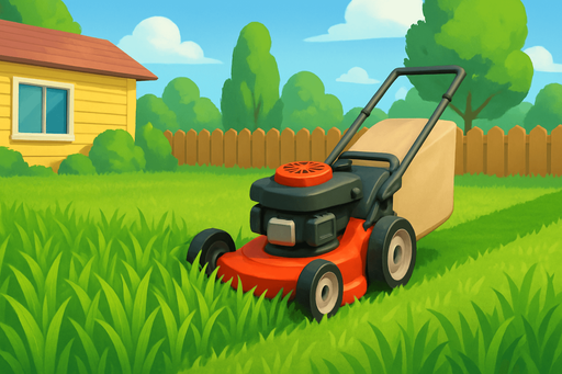 Fullscreen modern App Store landscape banner, 16:9, high definition, for a game titled "Infinite Lawn Master" and with the description "A satisfying grass-cutting simulator where players click to mow lawns, empty collection bags when full, and earn money to upgrade their equipment. Watch as cut grass regrows, creating an endless cycle of lawn maintenance and mower upgrades that increase efficiency and earning potential.". No text on banner!