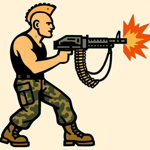 un hombre de 90 kilos rubio con un mohicano con una camiseta de tirantes negra con pantalones de militar disparando un m60 sin brazo con la perspectiva lateral de cuerpo completo.
In-Game asset.  2d.  High contrast.  No shadows