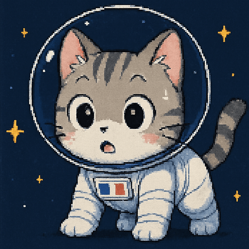 A cute kitten, illustrated in an adorable chibi anime style and wearing an astronaut suit, stands on all fours in outer space with a wide-eyed, surprised expression. Its body is slightly tense, as if it just saw something unexpected.