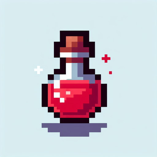 A small red potion. Pixel art..
Single Game Texture.  In-Game asset.  2d.  Blank background.  High contrast.  No shadows