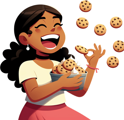 A cute girl happily eating way too many vanilla cookies. Single Game Texture. In-Game asset. 2d. Blank background. High contrast. No shadows.