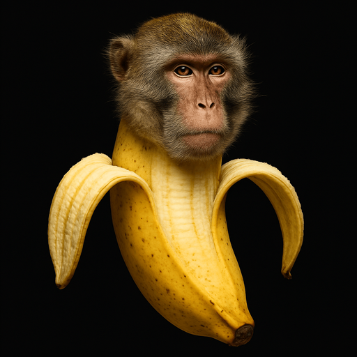 Haz a un macaco con cuerpo de plátano medio abierto, Ultra Realista, sin brazos ni piernas..
In-Game asset.  2d.  High contrast.  No shadows. Ultra Realista