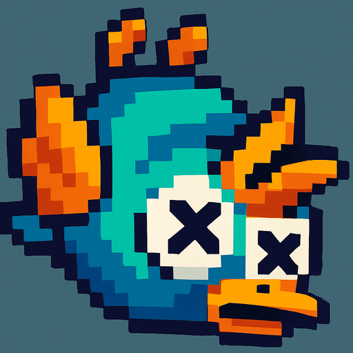 A pixel art version of the same bird character shown in a defeated state, designed for a 2D side-scrolling game. The bird appears to be falling downward or lying upside down, with closed or X-shaped eyes and limp wings. Its beak might be slightly open, and its posture should suggest that it is unconscious or dead. The overall style should remain cute and cartoonish, fitting the retro pixel art theme, but clearly indicate that the bird is no longer alive.
