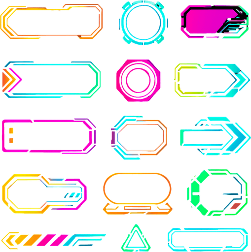 Buttons assets. cyberpunk. abstract. futuer. different colors. HD colors.
In-Game asset.  2d.  High contrast.  No shadows