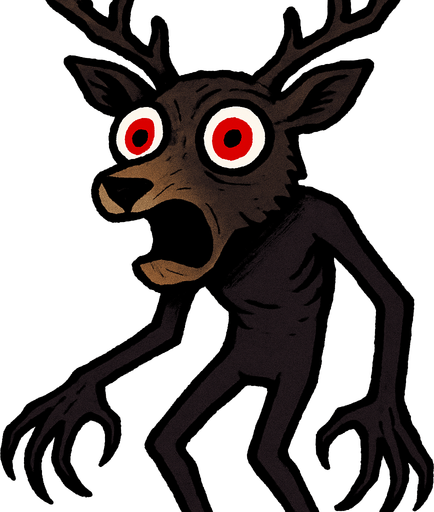 Cabeza de Ciervo: La figura posee una cabeza detallada de ciervo, con astas ramificadas de color oscuro (posiblemente negro o marrón oscuro). Tiene orejas puntiagudas y un hocico prominente de un tono más claro que el resto del cuerpo. Los ojos son grandes, completamente blancos con pupilas rojas gigantes y redondas, lo que le confiere una mirada vacía y sorprendente. La boca está abierta en una expresión que podría interpretarse como un grito o una mueca.

Cuerpo Humanoide: El cuerpo es de forma vagamente humana, con dos brazos largos y delgados que terminan en manos con lo que parecen ser garras o dedos muy alargados. Las piernas son también delgadas y la postura sugiere que está de pie. El color del cuerpo es principalmente marrón oscuro o morado oscuro..
In-Game asset.  2d.  High contrast.  No shadows