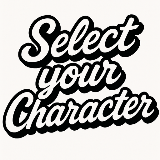 letras negras con contorno blanco que dicen select your character con letra cursiva.
In-Game asset.  2d.  High contrast.  No shadows