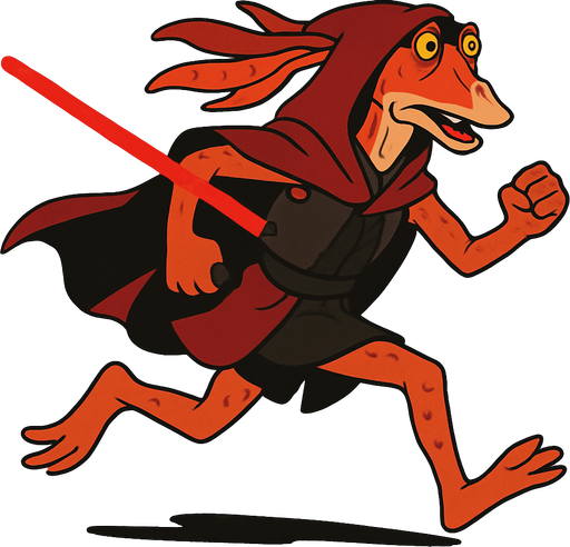 Running Sith jar-jar binks in ghibli style.
In-Game asset.  2d.  High contrast.  No shadows