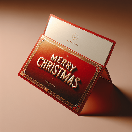 photorealistic red and gold standing and opened postcard with Merry Christmas text