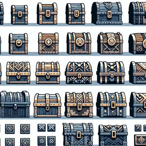 A spritesheet of various norse medieval or viking age looking treasure chest. Side view as for use in a platformer or endless runner game..
Single Game Texture. In-Game asset. 2d. Blank background. High contrast. No shadows.