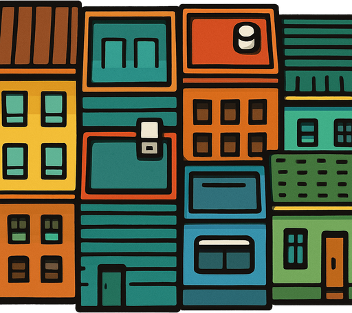 buildings seen from the side of the road from a bird's eye view, but do not draw the road, the buildings should be vertical and unlimited from above.
In-Game asset.  2d.  High contrast.  No shadows